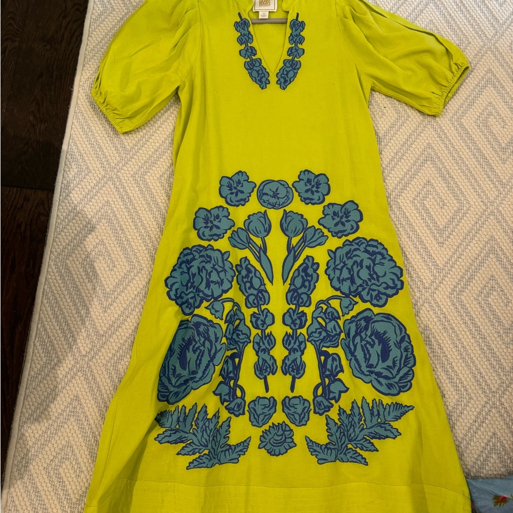 Vibrant Green Midi Dress with Blue Floral Design